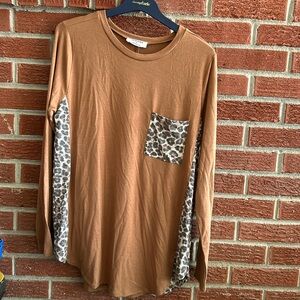 Tan Long Sleeve Top with Leopard Print Sides
